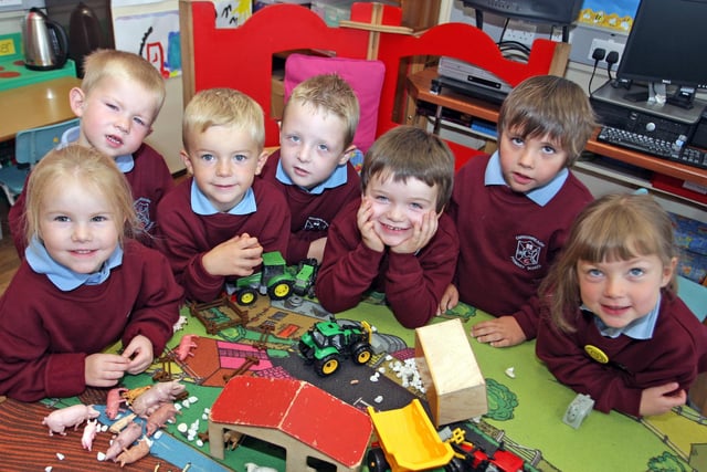 DOWN ON THE FARM. These little P1's from Carrowreagh PS were busy building up their farm when our photographer called at the school in 2010