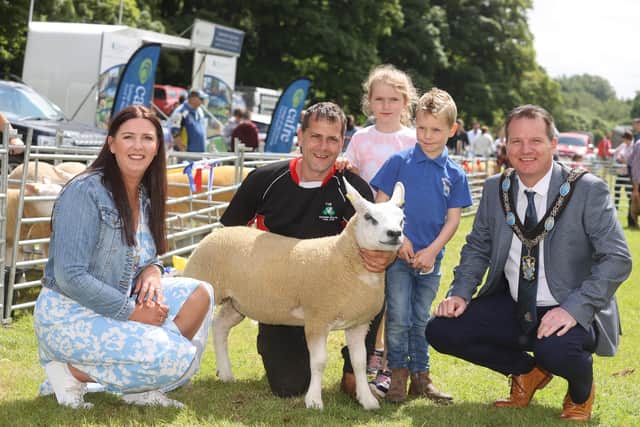 Former Lord Mayor and Lady Mayoress of Armagh City, Banbridge and Craigavon, Alderman Barr with borough locals James, Bailey and Carly Herdman at the 107th Lurgan Show.