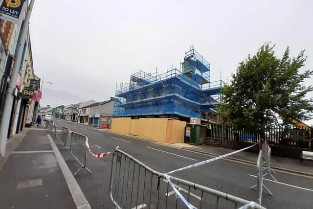 Part of North Street in Lurgan is closed after a wall at the Irish National Foresters Club, which is undergoing renovations, collapsed.
