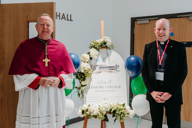 Archbishop of Armagh Eamon Martin with Parish Priest of Moyraverty Rev Brian Fitzpatrick at the official opening and blessing of Lismore College, Craigavon