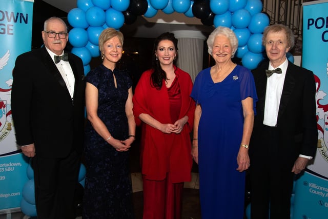 Looking happy at the Portadown College 100th anniversary dinner are from left, Peter Aiken, chairman of the school board of govenors; Gillian Gibb, school principal, Emma Little Pengelly, Deputy First Minister; Lady Mary Peters. former pupil and Olympic gold medalist, and Brian Walker, vice chair of the school noard of govenors. PT11-216.