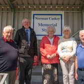 The opening of a new stand in honor of the Desertmartin FC's former chairman the late Norman Caskey took place on July 8. Pictured at the club's ground are members of Norman's family. Credit: DFC
