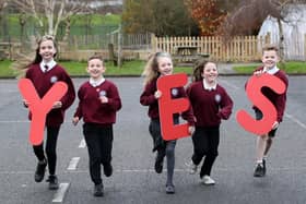 Ballyhenry Primary School pupils celebrating their successful parental ballot to transform to Integrated status. Picture: Declan Roughan Photography