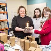 Pictured at AEL in Larne are, from left to right, AEL Giftware team leader Lauren Boyd; trainee Kirstie Kirkland; Economy Minister Dr Caoimhe Archibald and Laura Steele, CEO, AEL.