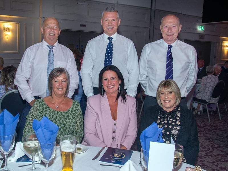 Well known faces at the Glenavon Triangle Supporters Club 75th anniversary dinner including from left, Raymond and Sandra McCoy, Stevie and Nichola McBride and Robbie and Jacqui Beck. LM22-230.