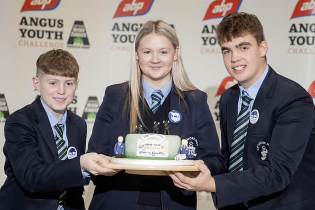 Pictured taking part in the 2023 ABP Angus Youth Challenge Exhibition for a place in the final of the competition is the team from Dromore High: Quinn McCracken, Caitlyn Patterson and James Menet. Pic credit: McAuley Multimedia