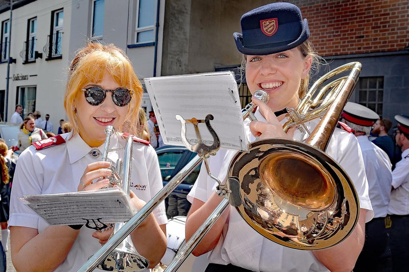 Amy Carson, left, and Lucy King who are members of Portadown Salvtion Army Brass Band pictured having a practice before Sunday's parade. PT23-245.