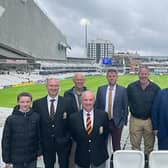 Rodney (front, red, yellow and black tie) pictured with other winners and delegates at the Cricket World Groundcare Awards 2023. (Pic: Cricket World).