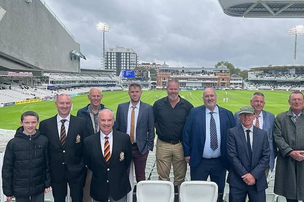 Rodney (front, red, yellow and black tie) pictured with other winners and delegates at the Cricket World Groundcare Awards 2023. (Pic: Cricket World).
