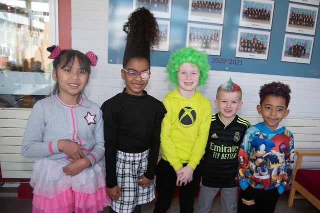 Showing off their very different hairstyles on Funky Hair Friday at Ballyoran Primary School are Year 3 pupils, Julianne, Beatrice, Dylan, Junior and Tyler. PT12-244.