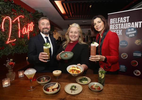 Chris McCracken, Linen Quarter; Kathleen McBride, Belfast One; and Tzvetelina Bogoina, Cathedral Quarter; at the official launch of Belfast Restaurant Week.