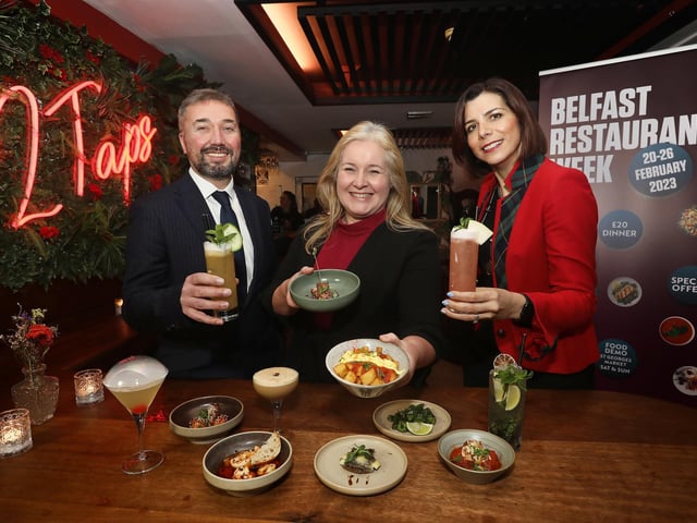 Chris McCracken, Linen Quarter; Kathleen McBride, Belfast One; and Tzvetelina Bogoina, Cathedral Quarter; at the official launch of Belfast Restaurant Week.