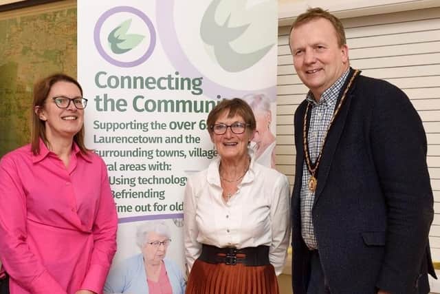 Laurencetown, Lenaderg and Tullylish Community Association (LLTCA)  Claire Patience - Manager, Helen Mateer - Chair,  with Armagh Banbridge and Craigavon Council Deputy Lord Mayor Tim McClelland.