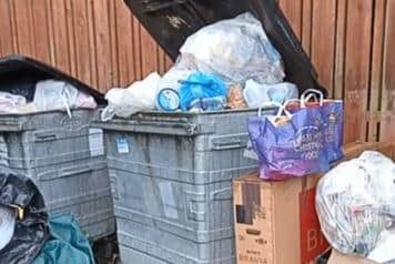 Overflowing bins at Glenmount Manor in Newtownabbey. (Pic: Contributed).