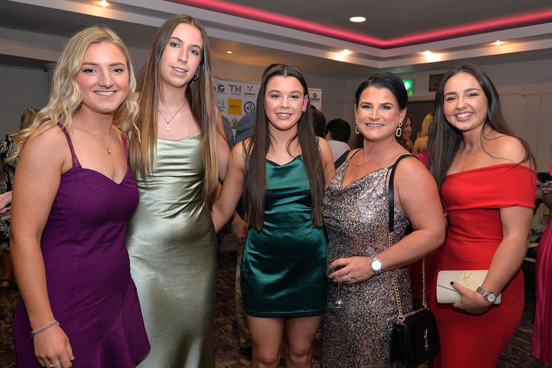 Enjoying a great night out at the Lurgan Ladies Hockey club 100th anniversary dinner are from left, Lauren McRoberts, Katie Burns, Eva Hawthorne, Zoe Hawthorne and Hollie Carson. LM43-203.