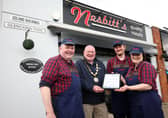 Mayor of Antrim and Newtownabbey, Councillor Neil Kelly with award recipients, Alastair, Philip and Sharon Bonar of Nesbitt's Quality Meats,  awarded ‘Highly Commended’ in the Butcher category of the prestigious Countryside Alliance Awards for Rural Enterprise. Picture: Pacemaker