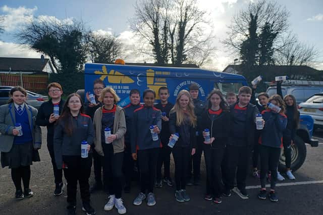 Pictured are pupils from Crumlin Integrated College with their new Water Bottles