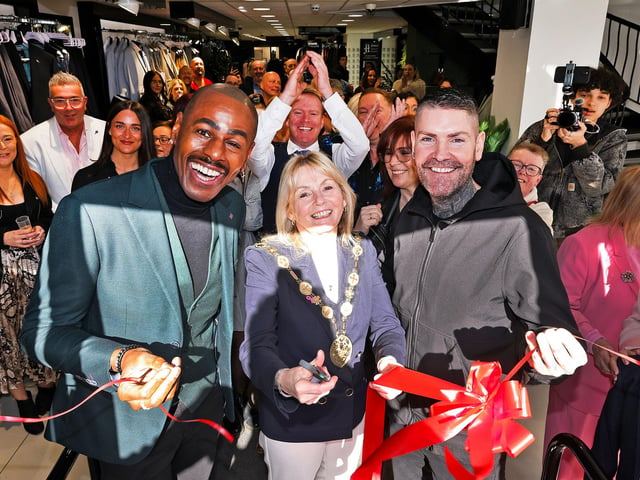 Ben Ofeoudu, Mayor Amanda Grehan and Shane Lynch officially opening the new Bank Menswear store and Amen Fragrances in Lisburn.