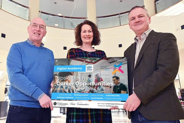 Councillor John Laverty BEM, Janice Cooke and Ciaran Connolly launch the new Digital Employment Academy. Pic credit: LCCC