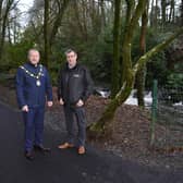 The Mayor of Antrim and Newtownabbey, Alderman Stephen Ross joins Gerard Treacy, DAERA, TRPSI Programme Manager at Crumlin Glen, following a £30,000 investment featuring path improvements, new fencing and handrail.