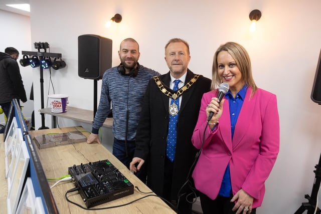 Ald Stephen Ross pictured with tenant of Mallusk Enterprise Park Audio Level DJ and CEO Emma Garrett.