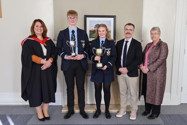 Pictured are Dr Stephen McAdoo, Miss Gwyneth Evans, Mrs Lynne Dripps at the presentation of the  J. Allen Cup for Best Overall Performance at GCSE (Boys) to Louis Donnelly and the Morrison Memorial Cup for Best Overall Performance at GCSE (Girls) to Sophie Dornan.