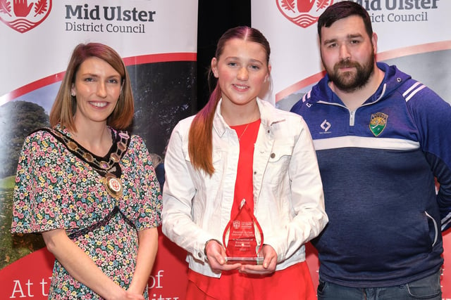 Pictured at the Civic Awards with Chair of the Council, Councillor Córa Corry is Kristen Nugent who won the final of the 'Springboard Future Chef' competition, Kristen represented Northern Ireland in the UK-wide Future Chef final, also pictured is nominating Councillor Dan Kerr.