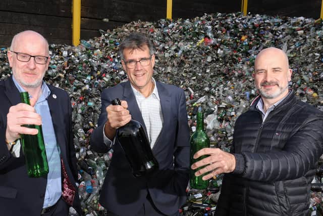 Business and Environmental groups unite to call for a consistent approach to recycling in Northern Ireland, as Fiacre O’Donnell of Encirc, Eric Randall of Bryson Recycling and Barry Phillips of Enva launch the Keep Recycling Local campaign.