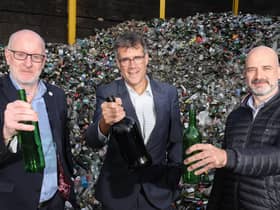 Business and Environmental groups unite to call for a consistent approach to recycling in Northern Ireland, as Fiacre O’Donnell of Encirc, Eric Randall of Bryson Recycling and Barry Phillips of Enva launch the Keep Recycling Local campaign.