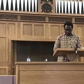 Rev Christopher Mbonyingabo speaking in Molesworth Presbyterian Church. Credit: SEFF