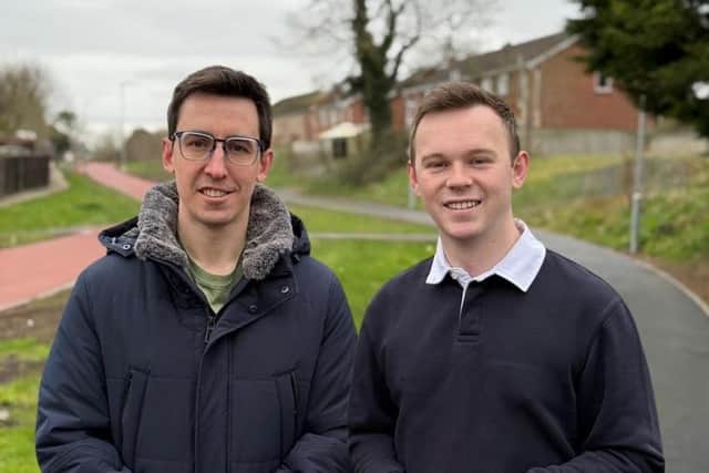 Councillor Robbie Alexander and Eóin Tennyson MLA on the Black Paths. Picture: released by Alliance.