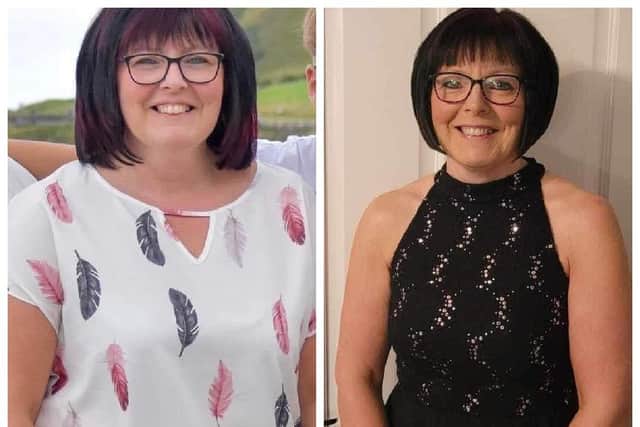 Gillian Ross pictured before (left) and after she joined the Slimming World group. Picture: family image.