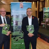 More than 120 delegates from across the dairy sector gathered at the Dairy Council NI EU Sustainable Dairy conference took part in a discussion around the important role played by Northern Ireland dairy farms in capturing and analysing emissions data to inform on farm decisions around sustainability. Pictured from left to right: Dr Steve Aiken MLA (UUP, South Antrim) with Mid Ulster MLA Keith Buchanan (DUP).