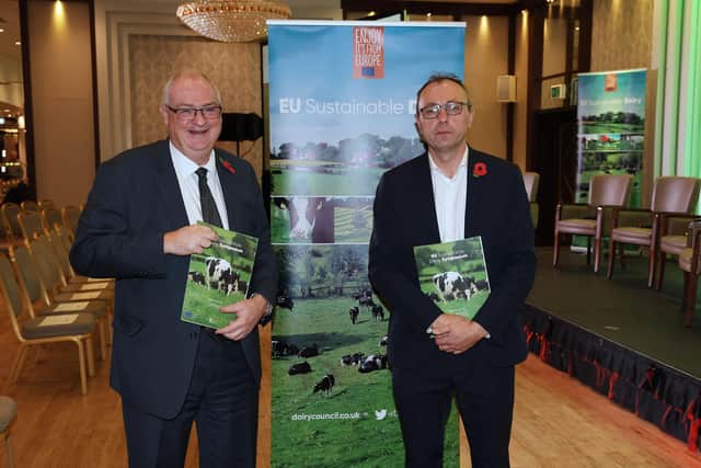 More than 120 delegates from across the dairy sector gathered at the Dairy Council NI EU Sustainable Dairy conference took part in a discussion around the important role played by Northern Ireland dairy farms in capturing and analysing emissions data to inform on farm decisions around sustainability. Pictured from left to right: Dr Steve Aiken MLA (UUP, South Antrim) with Mid Ulster MLA Keith Buchanan (DUP).