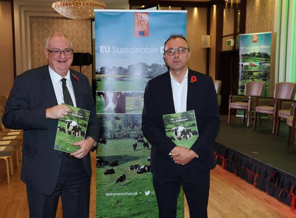 More than 120 delegates from across the dairy sector gathered at the Dairy Council NI EU Sustainable Dairy conference took part in a discussion around the important role played by Northern Ireland dairy farms in capturing and analysing emissions data to inform on farm decisions around sustainability. Pictured from left to right: Dr Steve Aiken MLA (UUP, South Antrim) with Mid Ulster MLA Keith Buchanan (DUP).