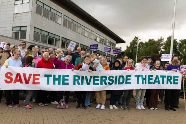 Protestors outside the offices of Causeway Coast and Glens Council. Credit John Purvis