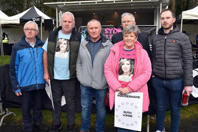 Showing their support at the Natalie McNally vigil are from left, SDLP Councillor Eamon McNeill, John McStravick, Councillor Declan McAlinden, Denise and Liam McNally and Councillor Ciaran Toman. LM05-206. Photo by Tony Hendron