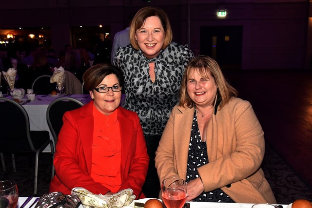 Judith Kelly, Beverley Somerville and Estelle Brownlee who had a great night out at the Seagoe Hotel Christmas Party Night on Friday. PT51-257.