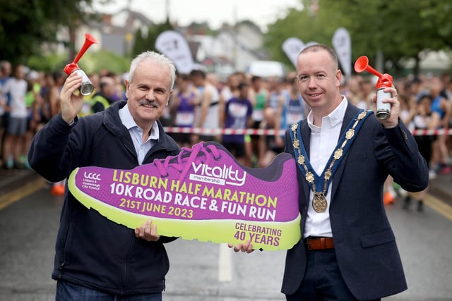 Chairman Communities & Wellbeing Committee, Councillor Beckett and Deputy Mayor Councillor Gary McCleave start the half marathon.  Pic Credit: Lisburn and Castlereagh City Council