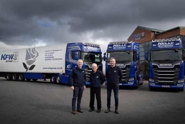Kelly European Freight Services have been given the go ahead for a new HGV hub in Lisburn. Pictured are Patrick Kelly –   Director, Kelly European Freight Services Ltd, Eamon Kelly –  Founder of Kelly Flowers (Wholesale) Ltd, now KFW Group Ltd, Adrian Kelly –  Director, Kelly European Freight Services Ltd. Eamon is the father of Adrian and Patrick. He started Kelly Flowers (Wholesale) Ltd in 1978. Adrian and Patrick started Kelly European Freight Service Ltd in 1997. Pic credit: Kelly European Freight Services
