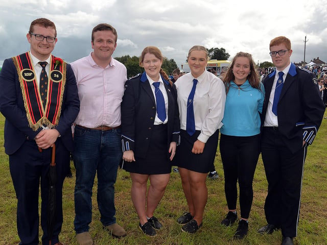 Enjoying the day out at the RBP Last Saturday parade in Loughgall are from left Aaron Gillespie, Philip Williamson, Ruth Busby, Hannah Busby, Dawn Currie and Samuel Busby. TH16.