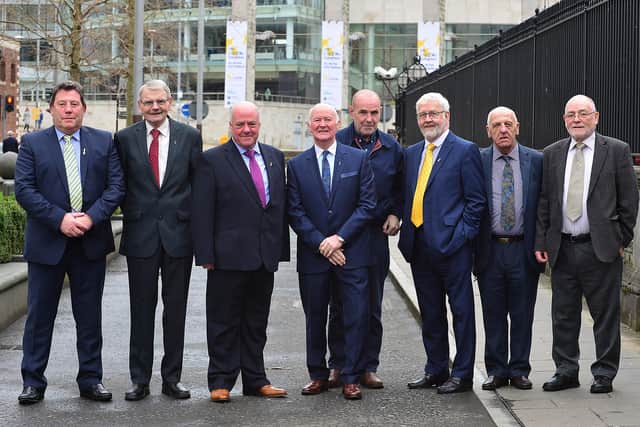 PACEMAKER BELFAST 17/02/2017 Some of the ‘Hooded Men’ outside High Court in Belfast who said they were tortured more than 50 years ago. Fourteen men claimed they were subjected to torture techniques after being held without trial in 1971. Picture By: Arthur Allison/Pacemaker Press