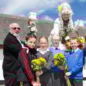 Bill Dixon and Bill Richardson from the Apex Jazz Band along with Lady Alexandra join local pupils Cameron Robinson, Finlay Buchanan, Becky Creighton, Jay Brown, Jodie Anderson and Callum Davidson at the launch of Carrick in Bloom 2013. INCT 22-435-RM