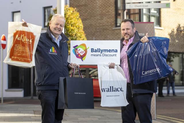 Looing forward to Ballymena Discount Day 2022 are Stephen Reynolds of the Front Page Bar and BID Chair and Roy Smyth of Outdoor Adventure and BID Vice Chair.