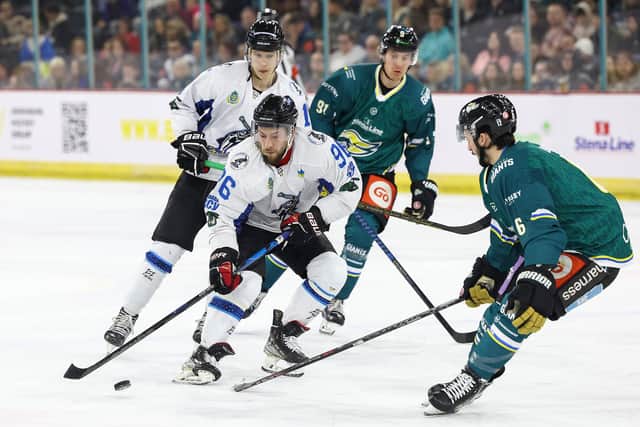 Belfast Giants All Stars’ Jeff Baum with Dnipro Kherson’s Kyrylo Bondarenko during Wednesday’s game at the SSE Arena, Belfast in support of Ukrainian Hockey Dream.  All of the proceeds from the game's ticket sales will be donated to the Ukrainian Hockey Dream in support of their continued work to reinstate ice hockey throughout Ukraine.    Photo by William Cherry/Presseye