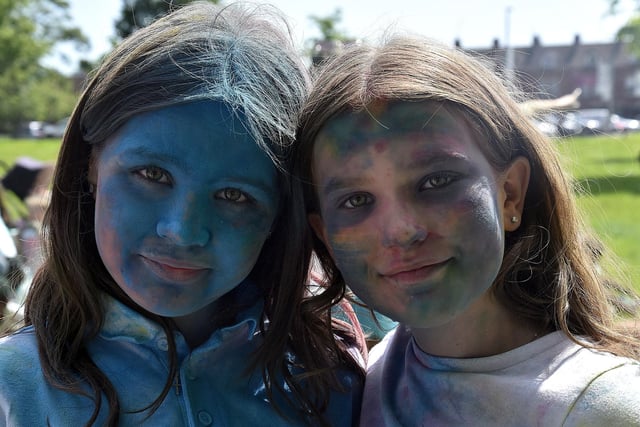Ballyoran Primary School pupils, Alicia Kelly, left, and Sophia Metcalfe pictured after the school charity colour run on Thursday. PT21-217.