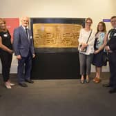 Pictured at a preview of A British Museum Touring Exhibition Egyptian hieroglyphs: unlock the mystery at the Irish Linen Centre & Lisburn Museum with the Limestone lintel of Ramses III are: David Burns, Chief Executive of Lisburn & Castlereagh City Council; Wendy Hughes; Councillor Thomas Beckett, Communities & Wellbeing Chairman; Ilona Regulski, Curator of Egyptian Written Culture at the British Museum; Pauline Mawhinney; Professor Mike Mawhinney, High Sheriff of County Down and Angela McCann, Head of Communities. Pic credit: Lisburn and Castlereagh City Council