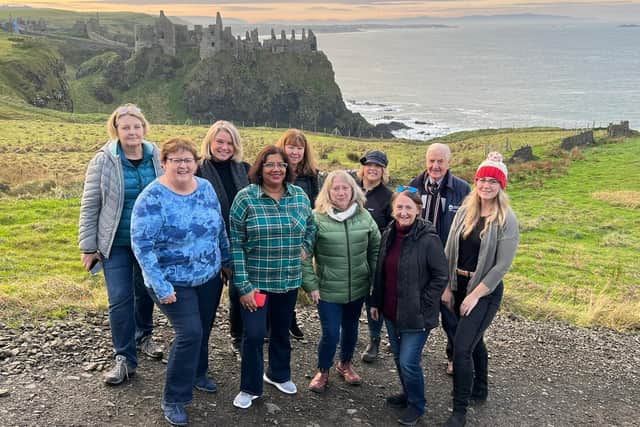 Top Canadian travel agents visiting Dunluce Castle during their recent visit to Northern Ireland with Lauren Lamonday, Tourism Ireland (back, second right); and Ken McElroy, blue badge tour guide (back, right).
Pic – Tourism Ireland (no repro fee)