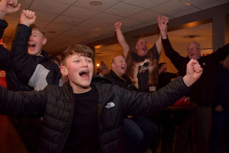 Larne fans enjoy the Glentoran v Linfield match on Wednesday night. The result means that Larne will win the Gibson Cup tonight (Friday, April 14) if they avoid defeat against Crusaders. Picture: Pacemaker