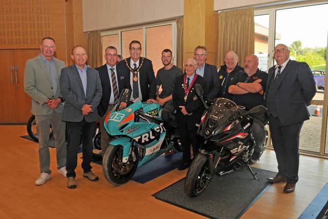 Lord Mayor of Armagh City, Banbridge and Craigavon, Alderman Stephen Moutray and ABC Councillors with Ian Forsythe, President of NAMCCC, Gerry Rice, Main Sponsor Around a Pound and Wes McCrum, McCrum Motorcycles. Picture: Geoffrey Cousins / ABC Borough Council